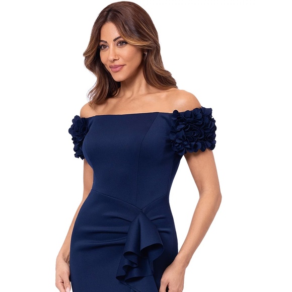 NEW XSCAPE Navy ROSETTE Floral SLEEVE Off The Shoulder RUCHED Scuba Crepe GOWN 6 - Picture 4 of 16